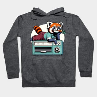 70s red panda eating carrot while sitting on vintage radio Hoodie